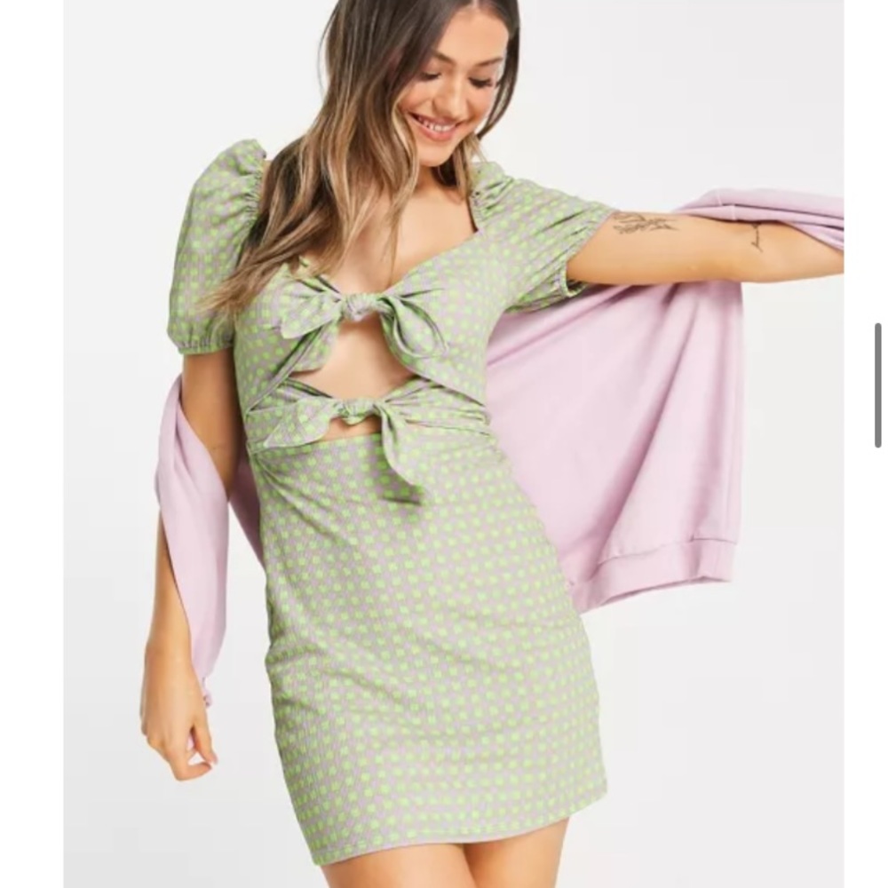 ASOS bow front mini dress with cut out in lilac and lime green gingham. Size 14